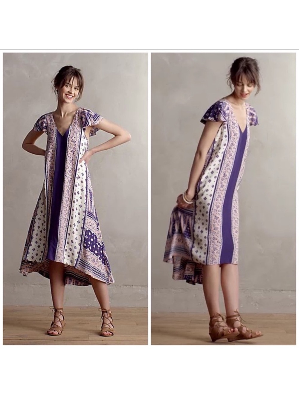 Anthropologie Maeve Purple and Cream High-Low V-Neck Midi Dress